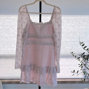 Saylor Demetria Square Neck Smock Floral Eyelet Mini Dress Lilac Large Feminine